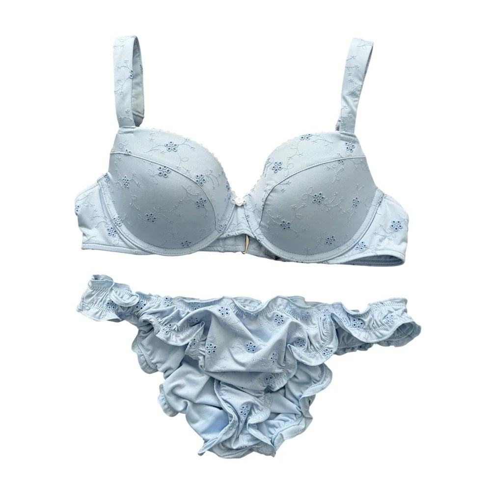 Victoria's Secret PINK x Frankies Bikinis Blue Eyelet Ruffle Bikini Set M Beach